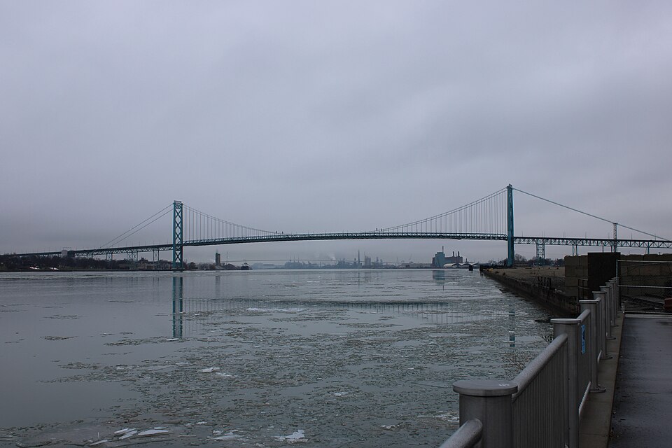 A suspension bridge over a river