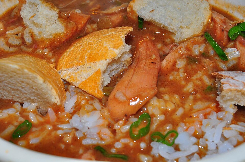 A bowl of gumbo over rice